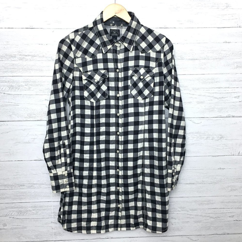 Lucky Brand Dress Black and Ivory Plaid Western Shirt Dress Cowgirl Snap Front S